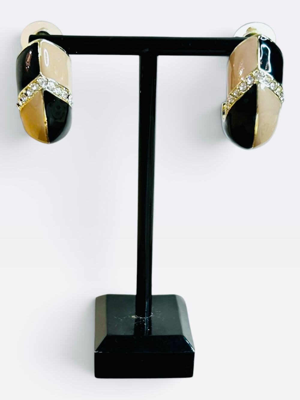 Vintage Gold Tone Black Tan Enamel Rhinestone Half Hoop Huggie Post Earrings